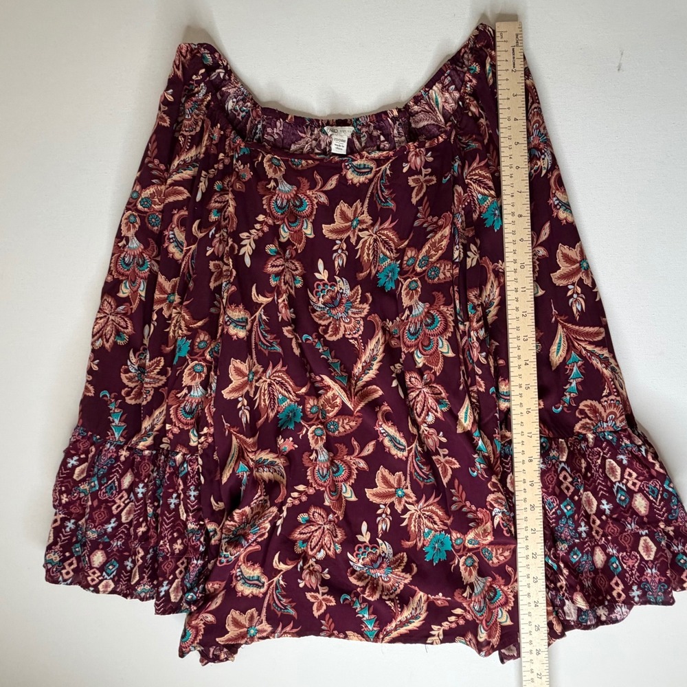 Cato Boho Floral Peasant Bell Sleeve Blouse Size 22/24W Burgundy Lightweight - Picture 8 of 9